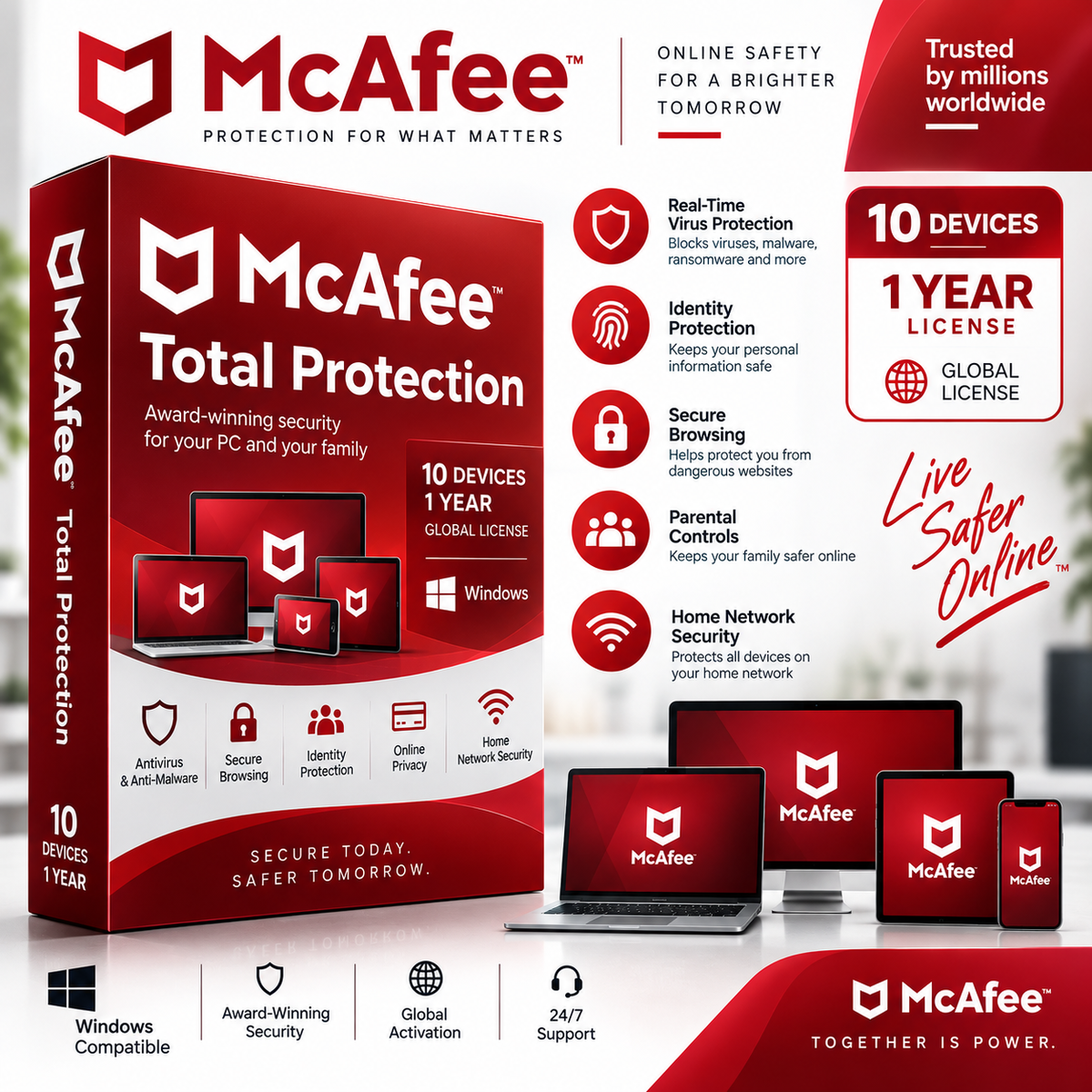 McAfee Total Protection 1 Year | 10 Devices | Global Windows License | Digital Activation
