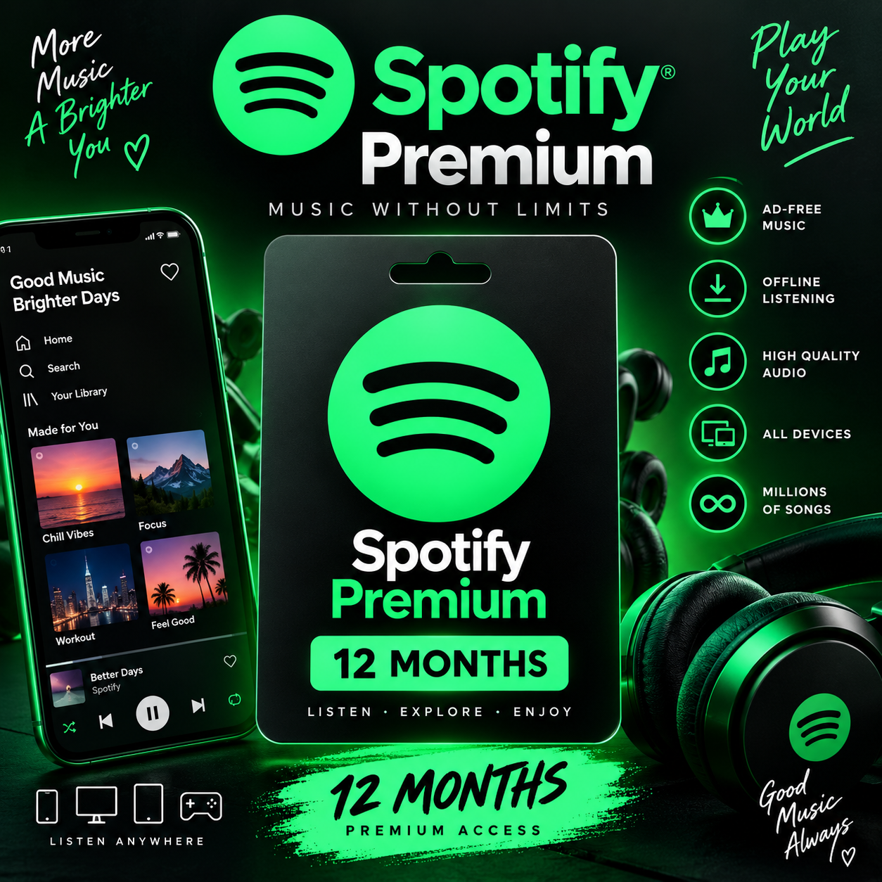 Spotify Premium 12 Month Subscription | 1 Year Digital Access